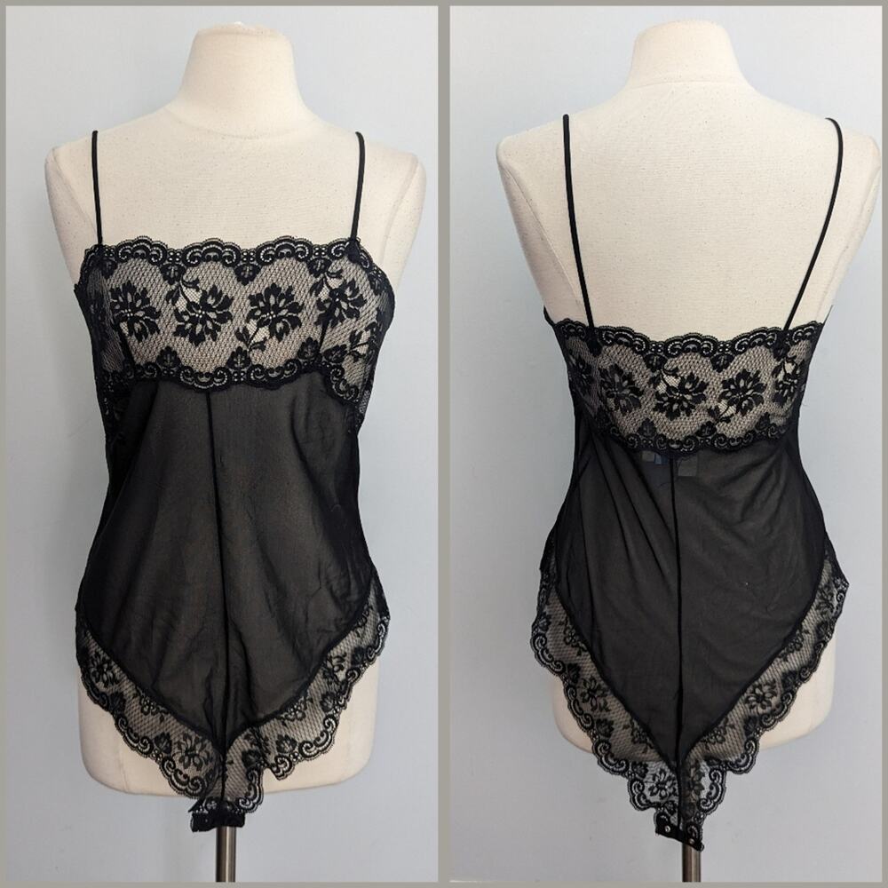 Vintage Lady Lynne Black Sheer Lace Bodysuit Medium Made in USA 1970s